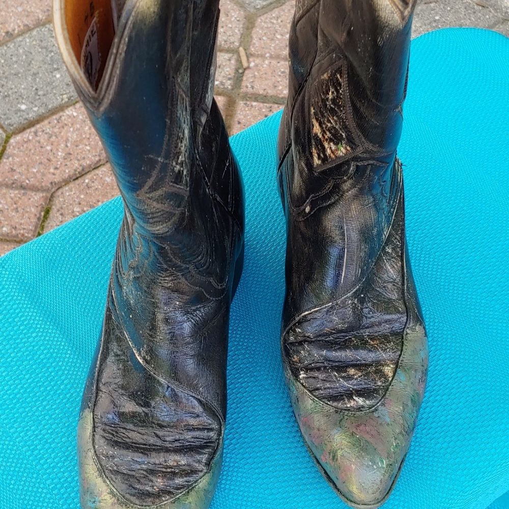Women's Black Leather Hand Painted Western  Boots - Picture 4 of 8